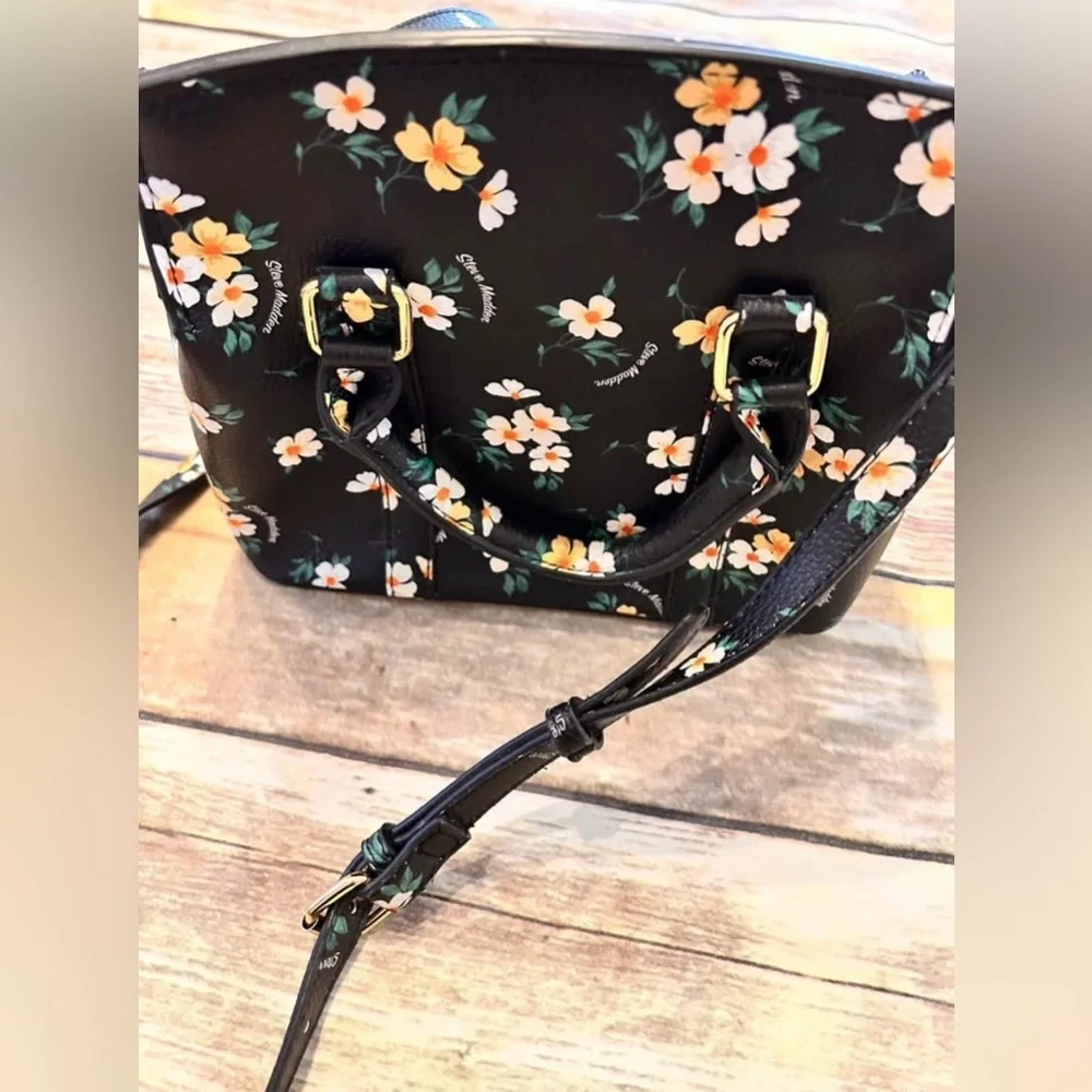 Steve Madden Black Floral Mini Satchel with Gold Hardware - Picture 3 of 6